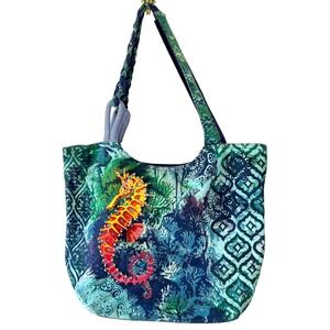 Paul Brent Blue Green Fabric Beaded Seahorse‎ Purse Tote Bag